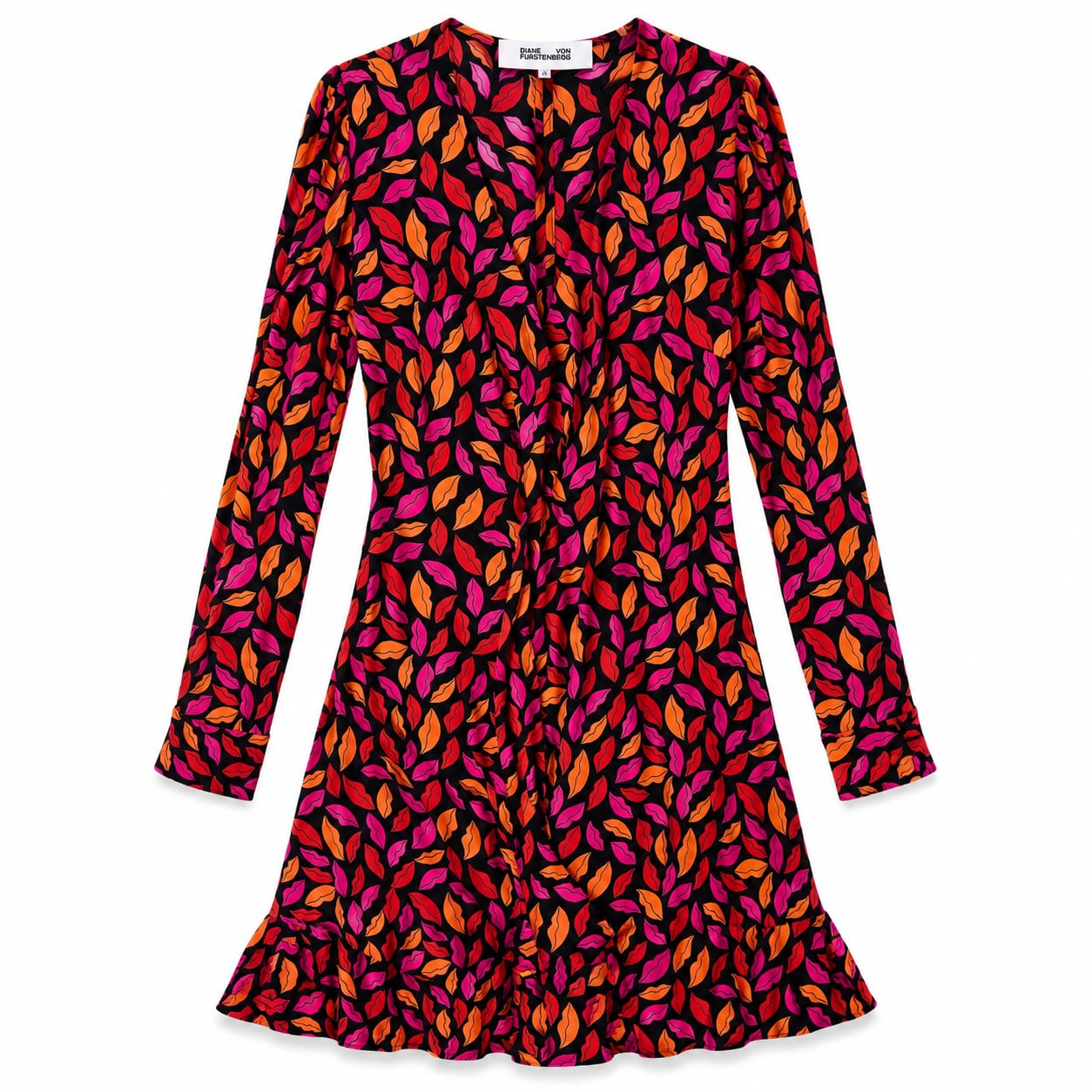 Diane Von Furstenberg Lips Print Viscose Ruffle Hem Dress Xxs